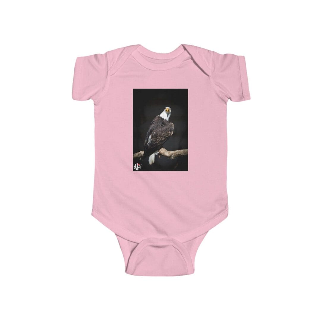 Pink baby onesie with a dark graphic print on the front.