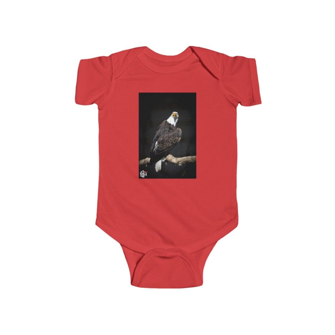 Red baby onesie with a black and white photo print on the front.