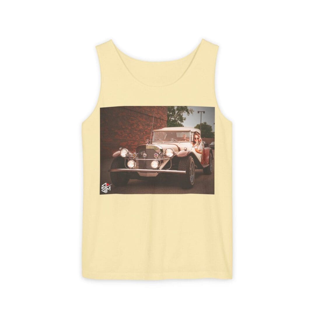 Light yellow tank top featuring a vintage car photo print on the chest.