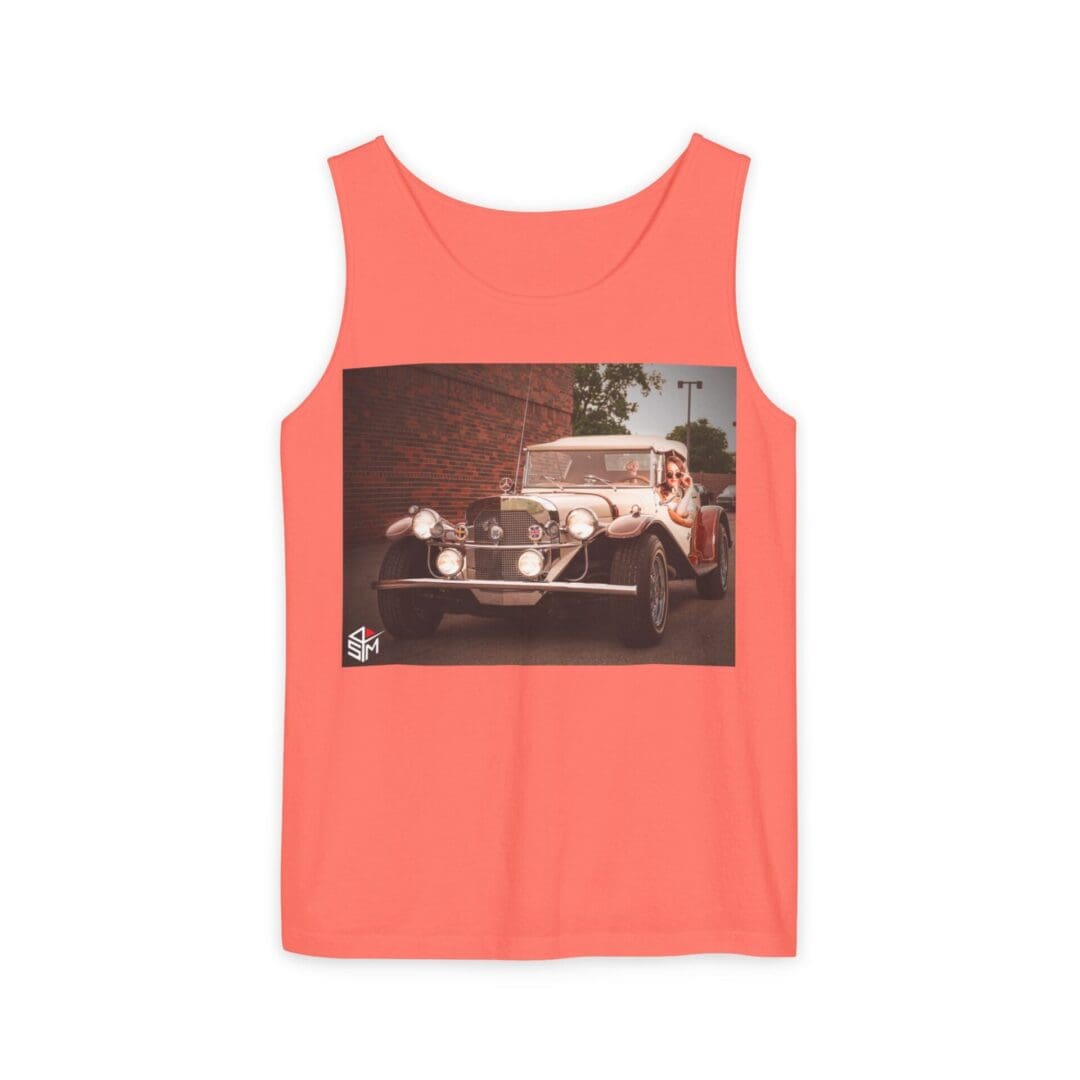 Coral tank top featuring a vintage car graphic on the front.