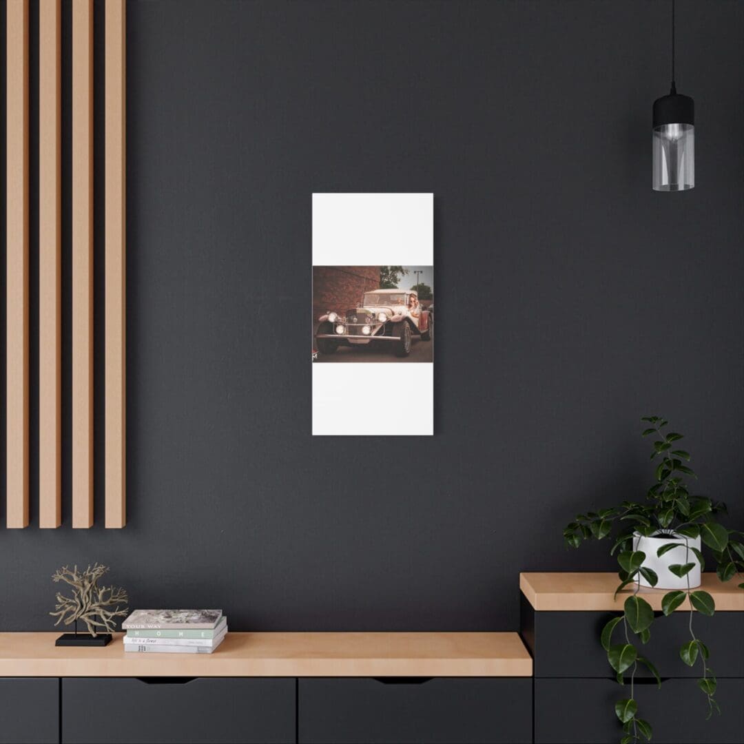 Modern workspace with dark walls, wooden accents, and minimalist decor.