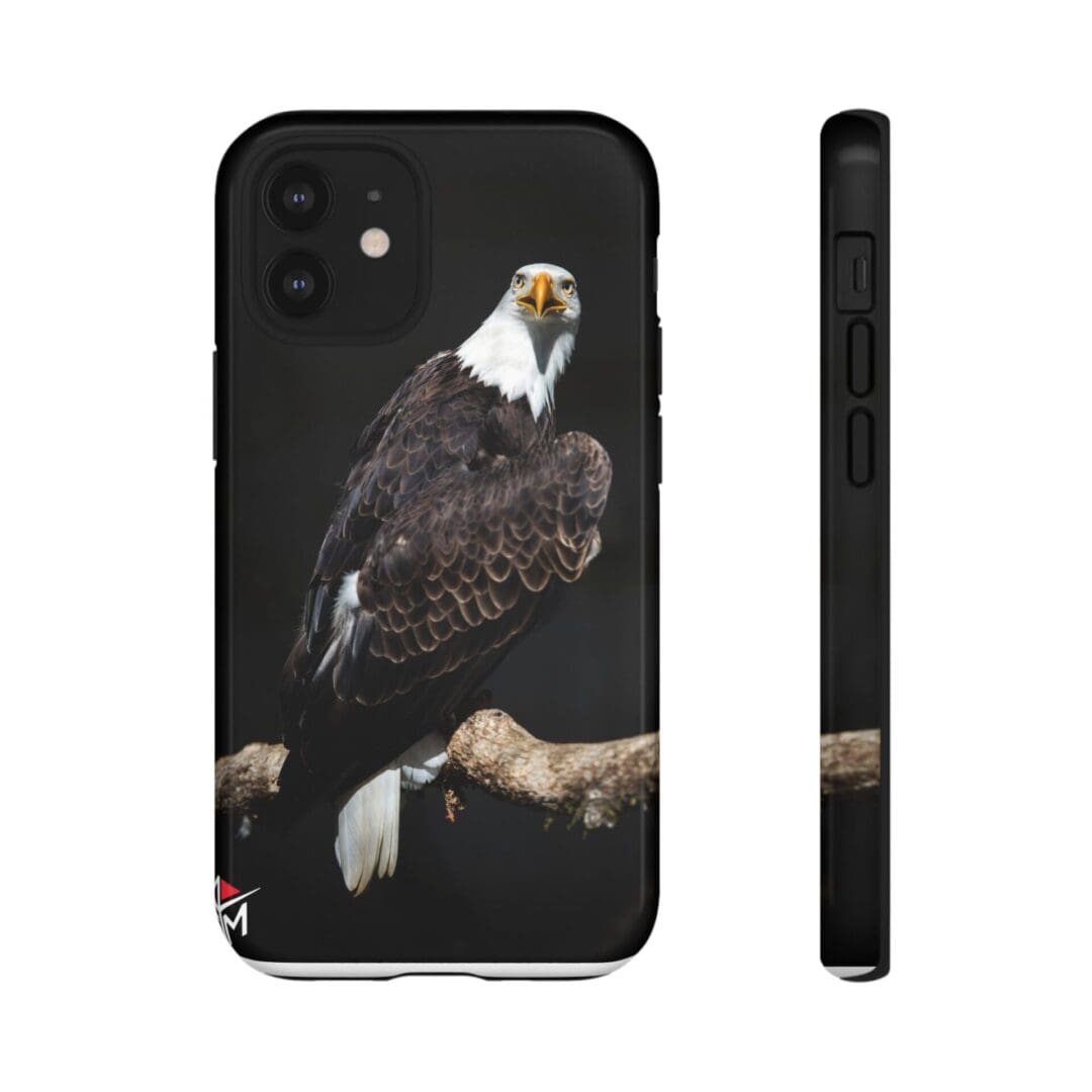 Black phone case with a detailed bald eagle design.