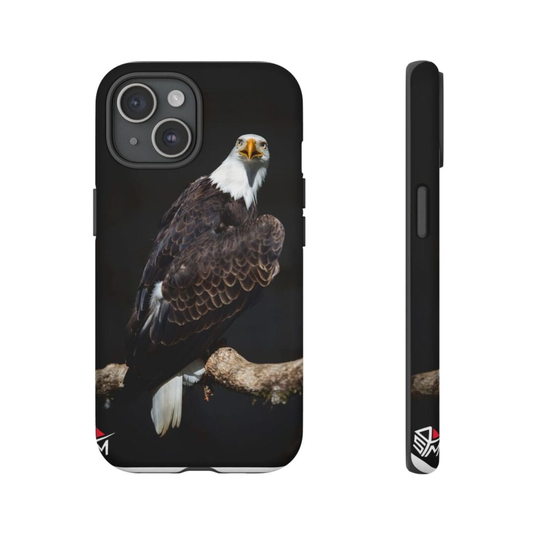 Phone case featuring a detailed eagle perched on a branch.