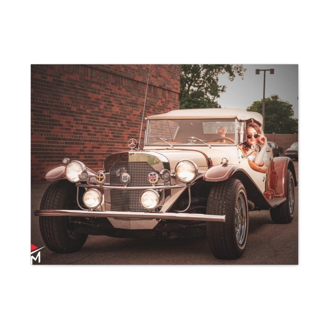 Vintage car with a woman posing beside it in a nostalgic setting.