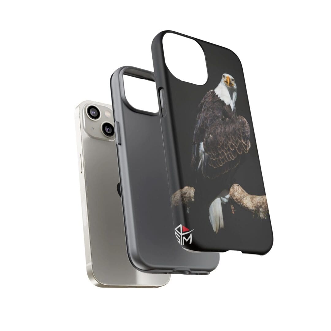 Black phone case featuring a dog image next to two smartphones.