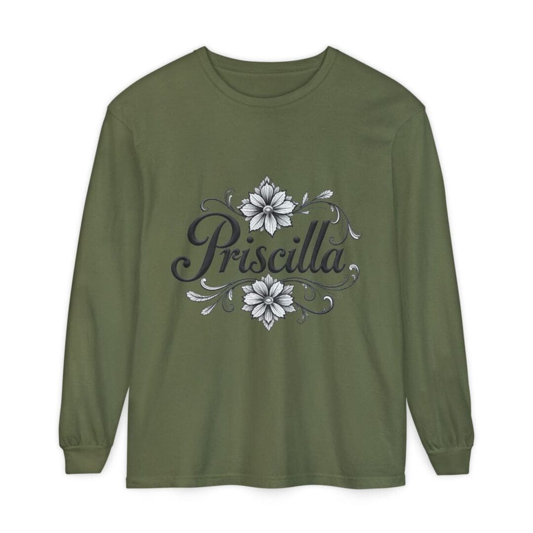 Green long-sleeve shirt with floral design and text.