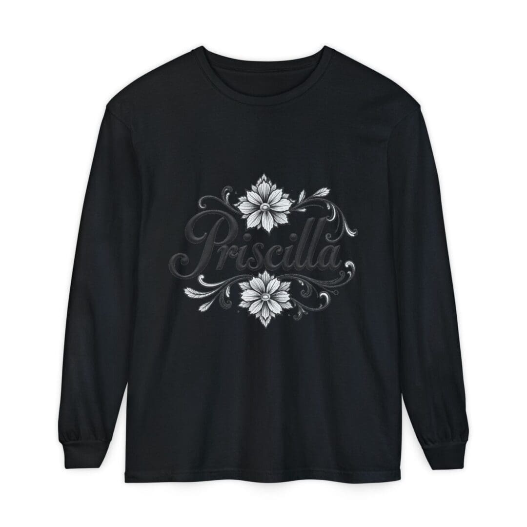 Black long-sleeve shirt with white floral and geometric designs.