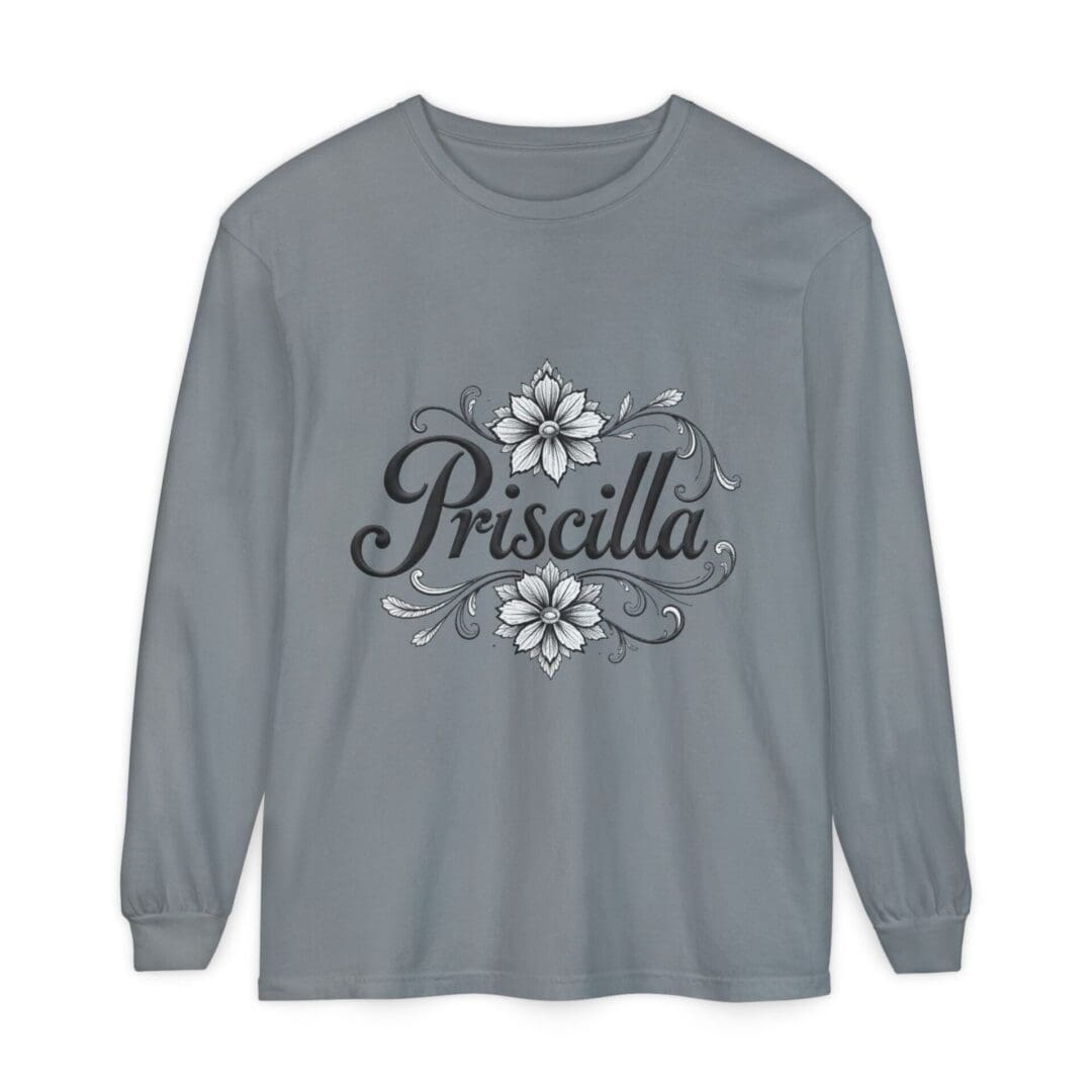 Gray long-sleeve shirt with "Priscilla" and floral design.