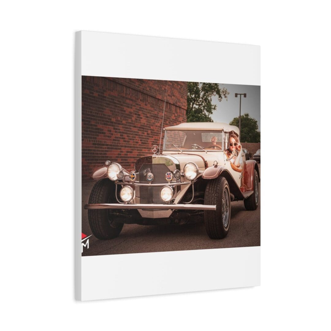 Vintage car parked near a brick wall under a tree.