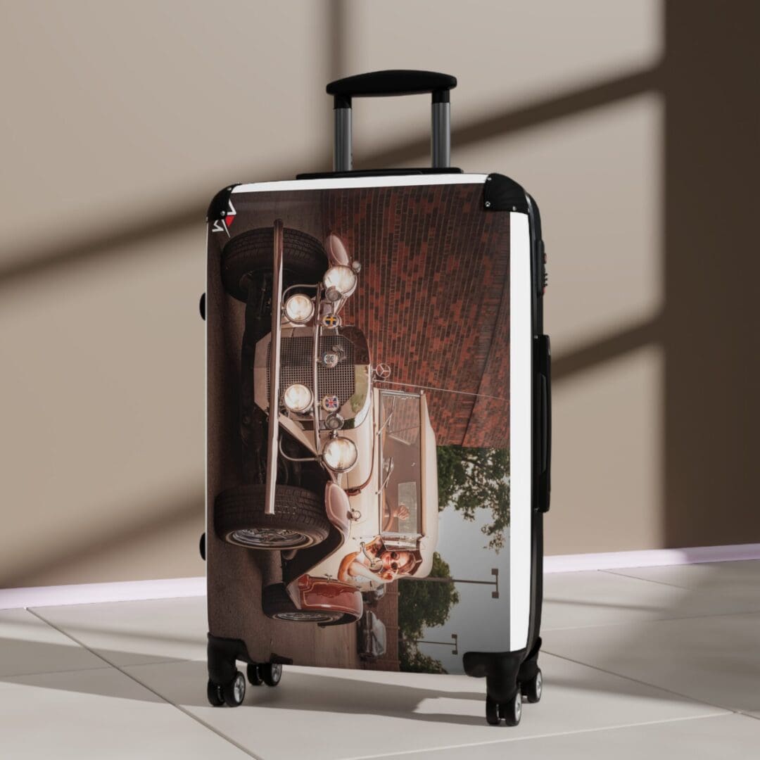 A suitcase with a vintage-style print of a woman in retro attire.