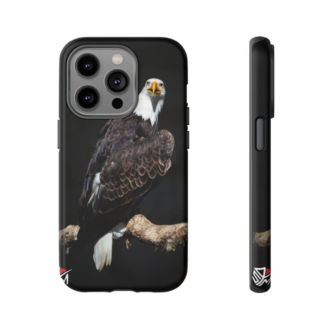 Phone case featuring a detailed eagle perched on a branch.