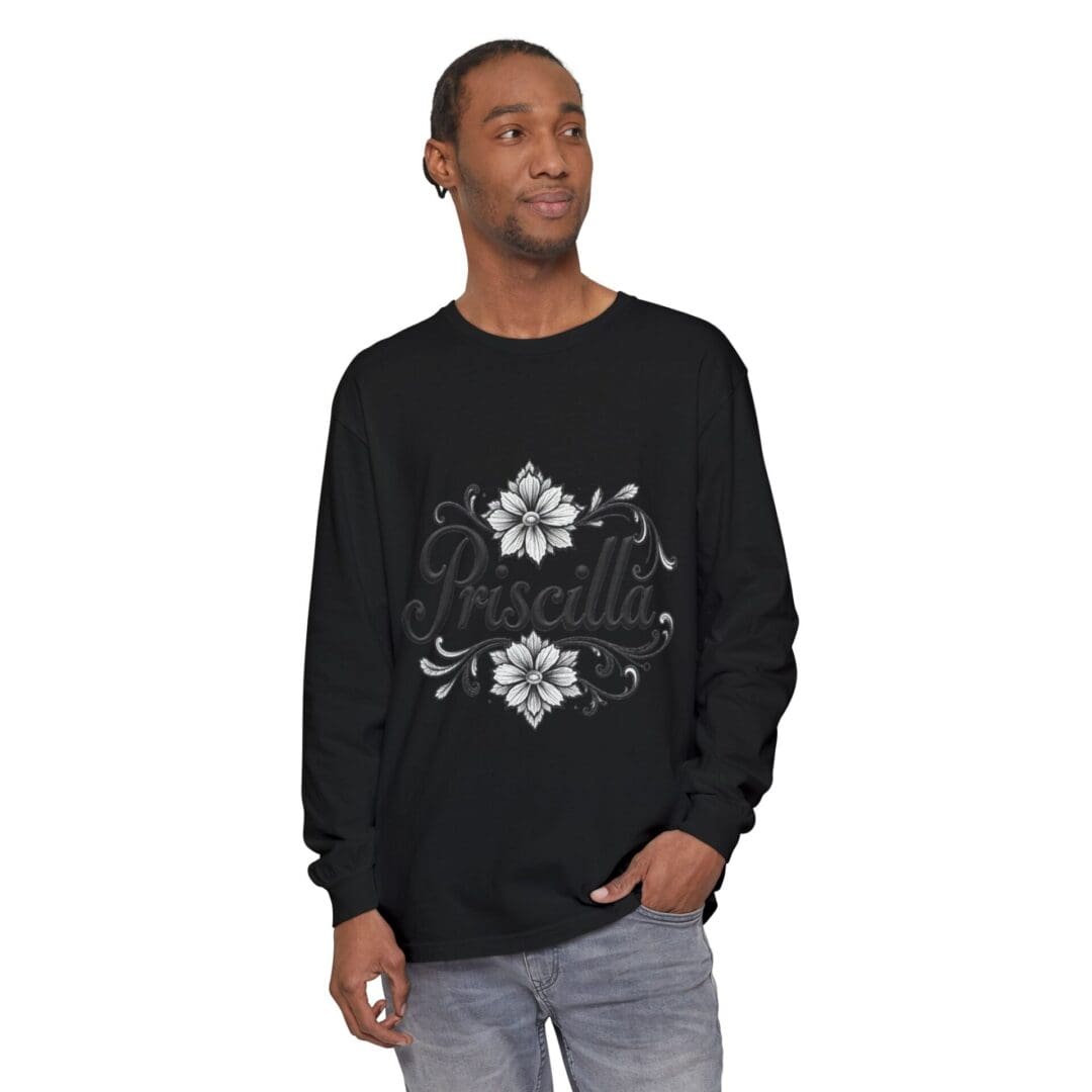 Man wearing a black sweatshirt with a white symmetrical design.