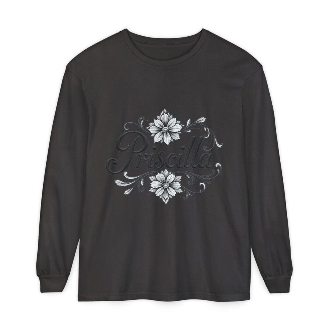 Black long-sleeve shirt with white floral designs on the front.