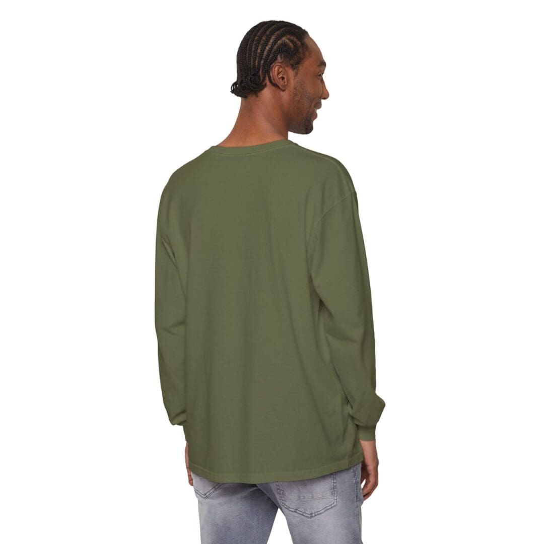 Man wearing an olive green long-sleeve shirt, viewed from the back.