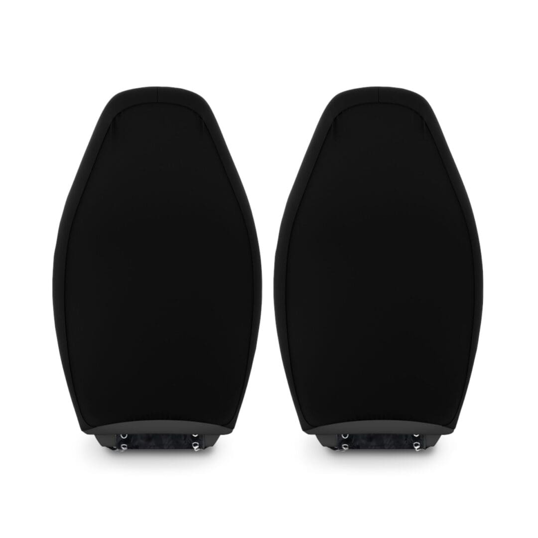 Pair of black computer speakers with a simple design.
