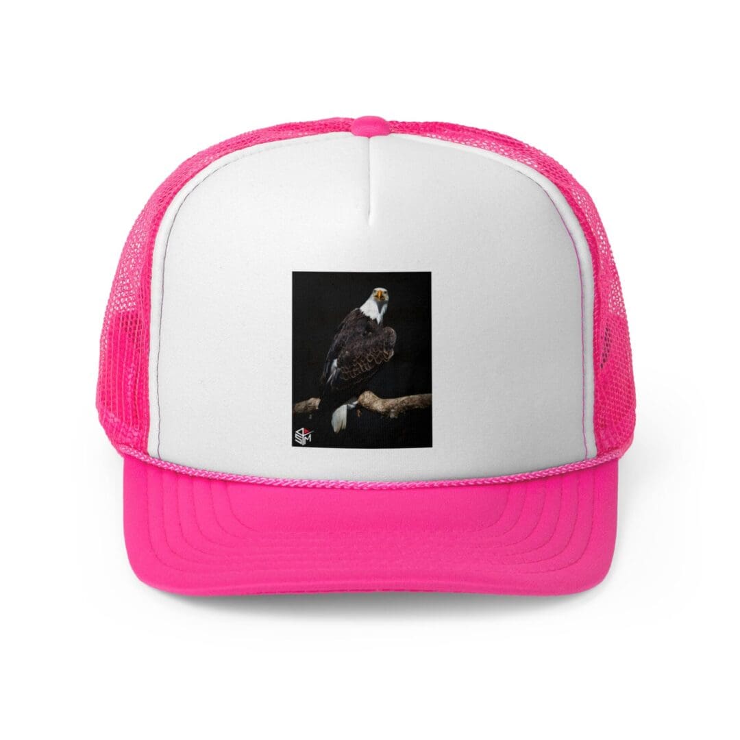 White and pink trucker hat with a small dark graphic on the front.