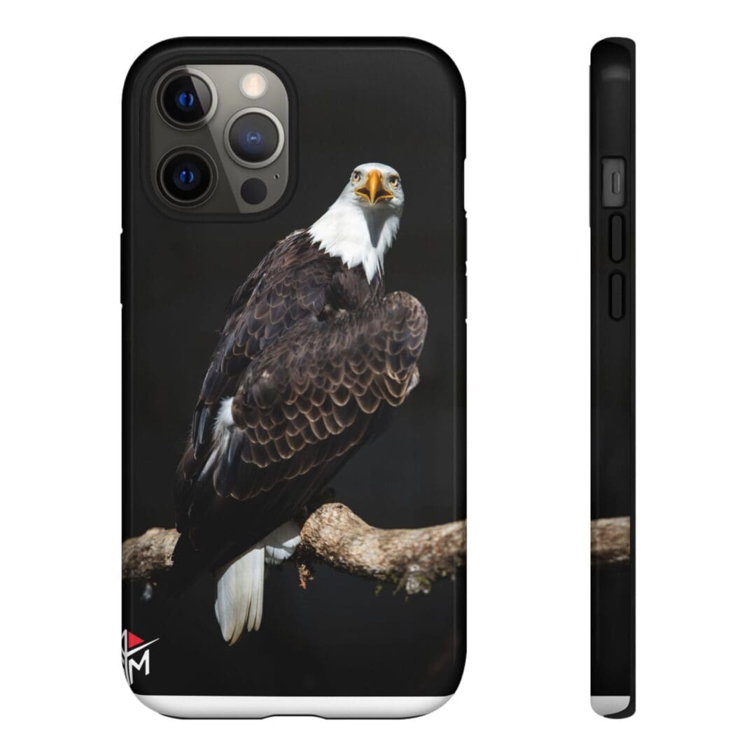 Phone case featuring a detailed bald eagle perched on a branch.