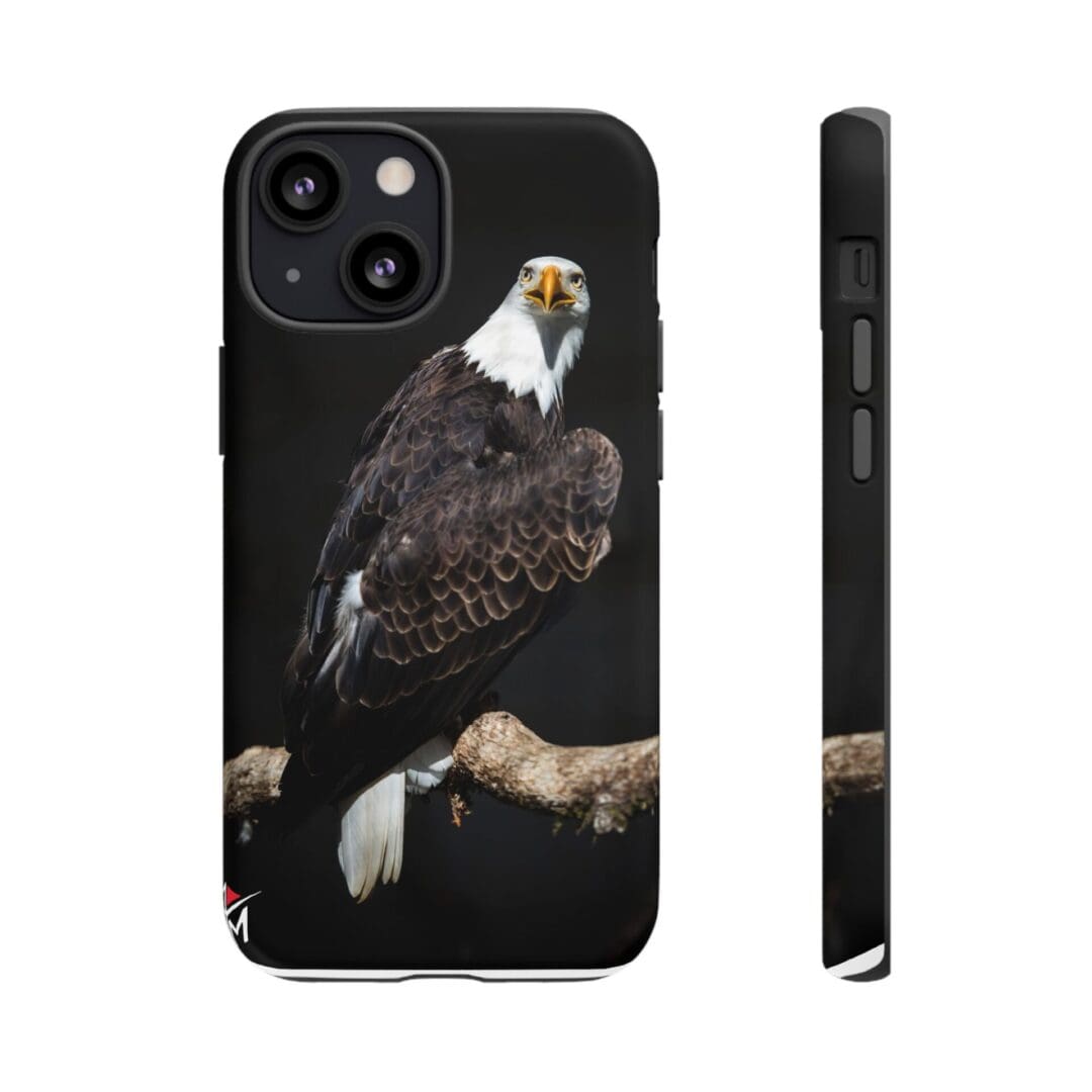 Black phone case featuring a perched bald eagle illustration.