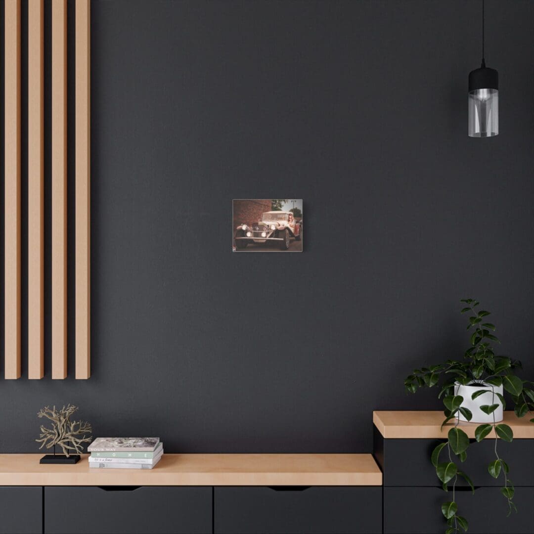 Modern minimalist room with dark walls, wooden bench, plants, and artwork.