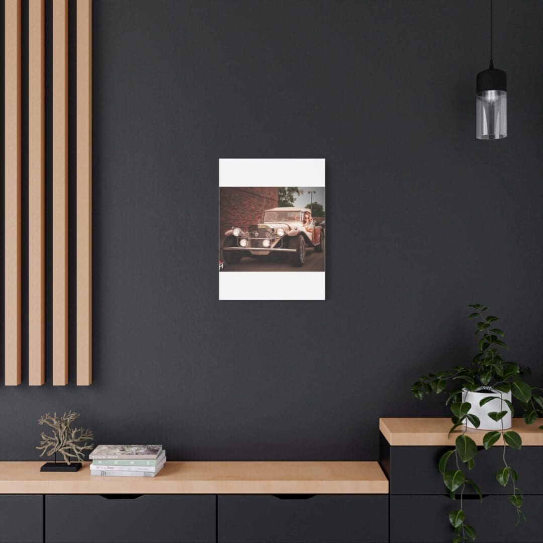 Modern workspace with dark wall, wooden desk, and wall art.