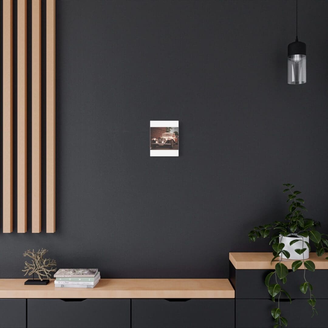 Modern minimalist interior with wooden bench and dark wall.