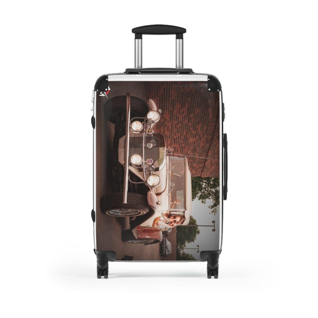 Stylish suitcase with artistic vintage camera design and telescopic handle.