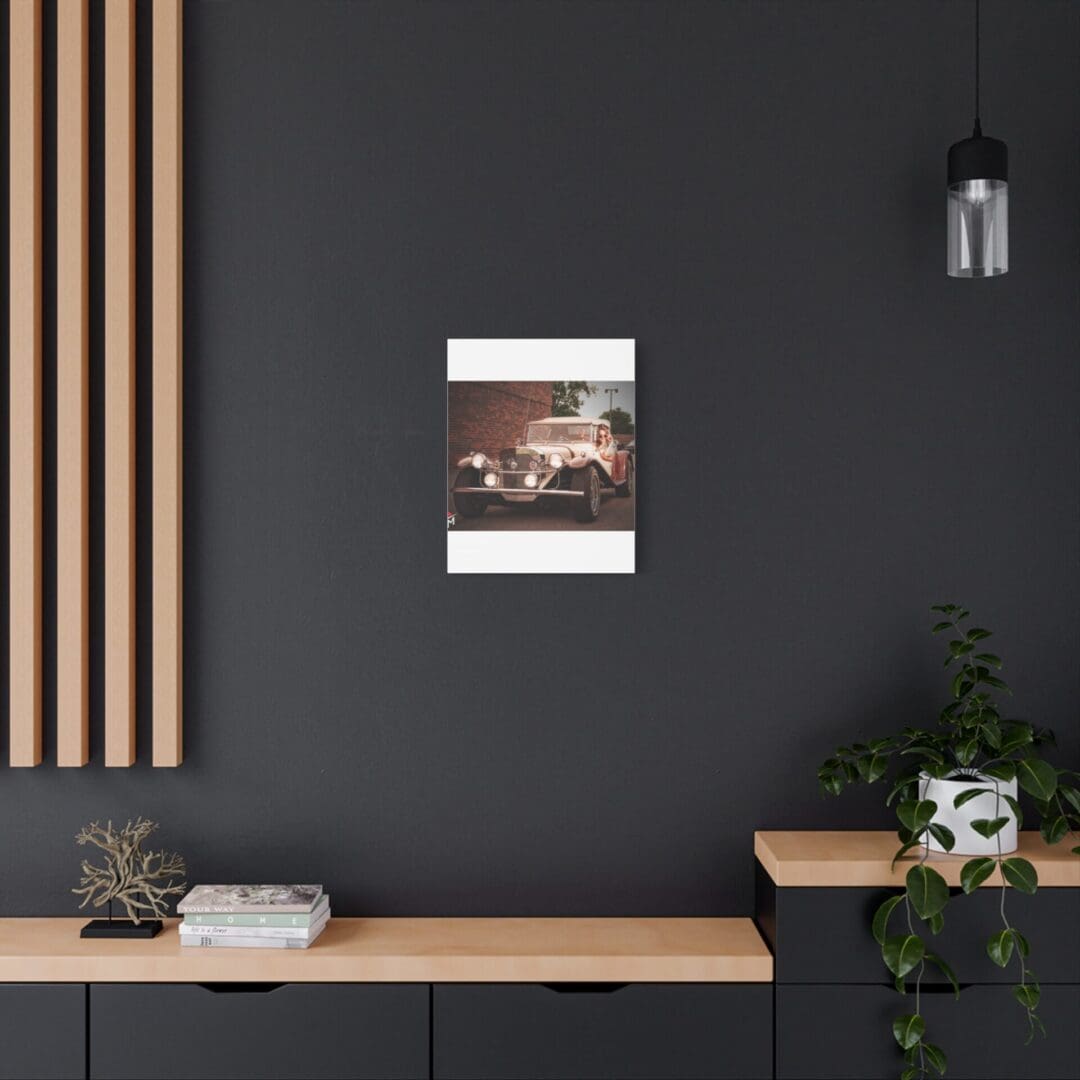 Modern black wall with a calendar, pendant light, and wooden desk decor.