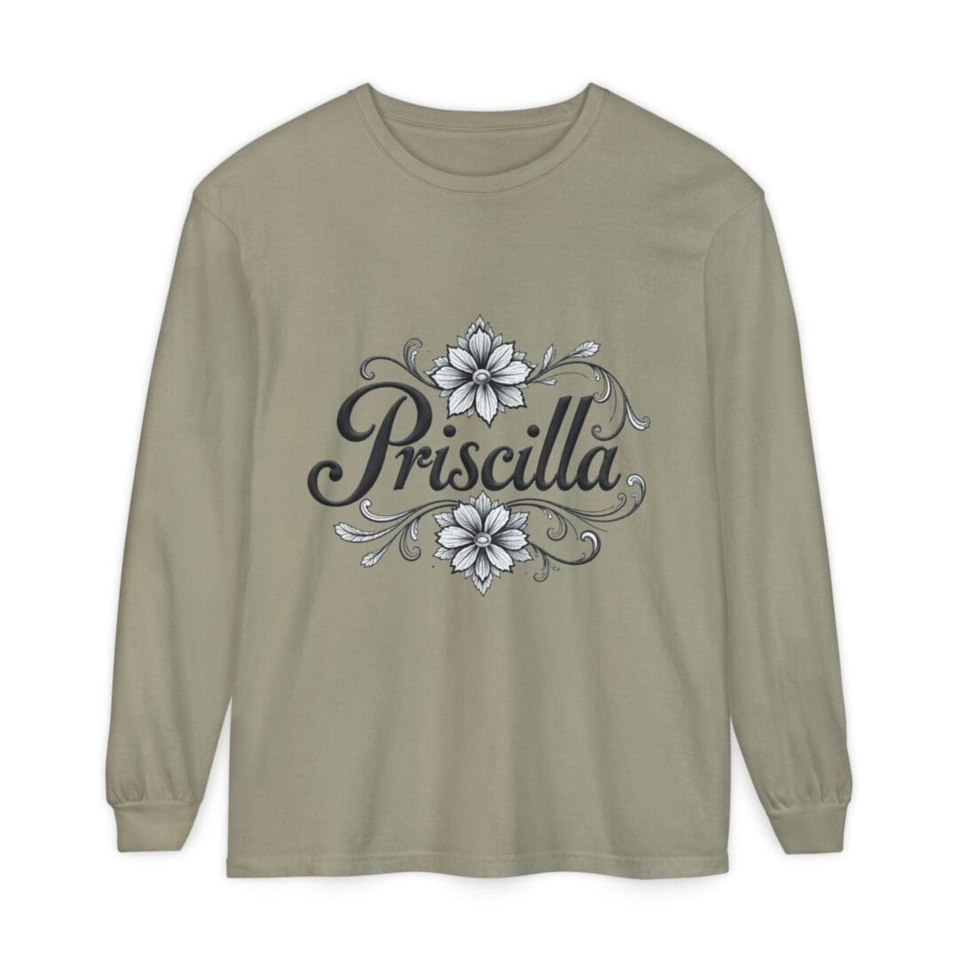 Beige long-sleeve shirt with floral and cursive Priscilla design.