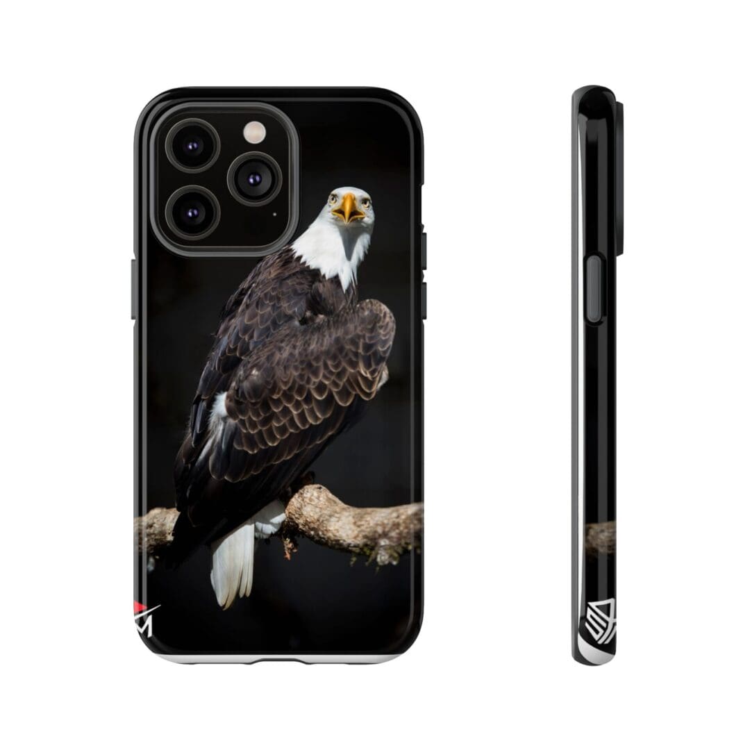 Phone case with a detailed eagle design on a black background.