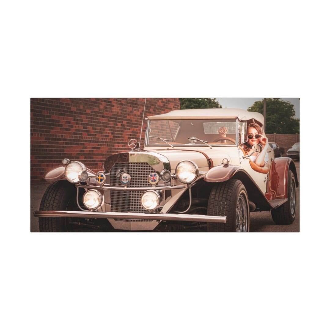 A woman posing beside a vintage car outdoors.