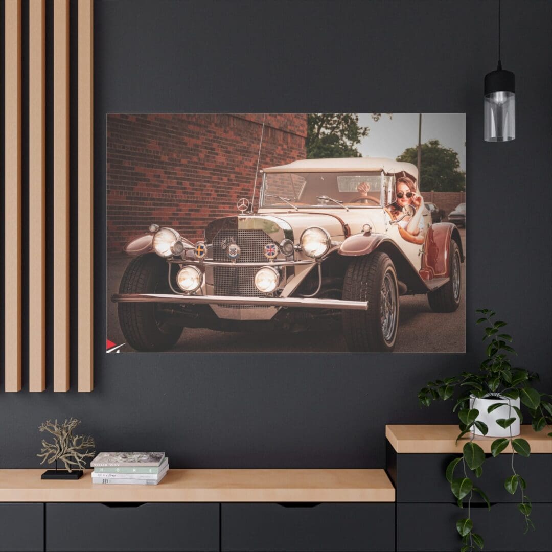 Vintage car photo framed on a modern wall with wooden decor.