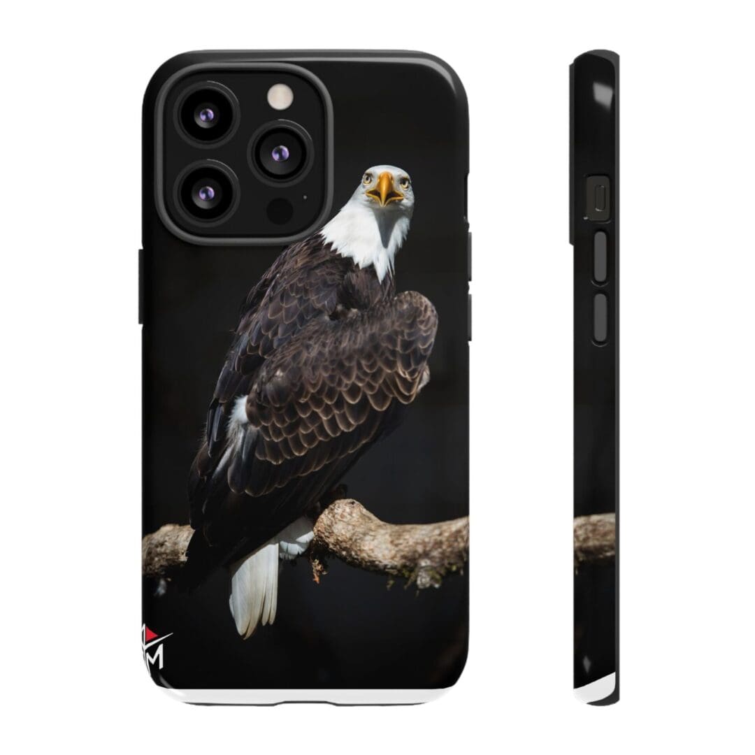 Smartphone case featuring a detailed bald eagle perched on a branch.