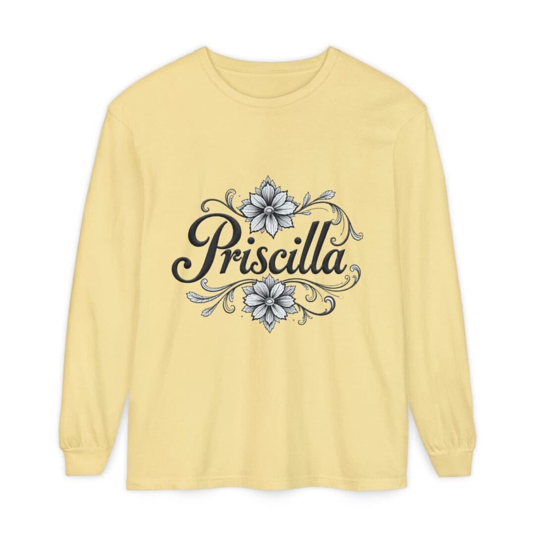 Yellow long-sleeve shirt with 'Priscilla' and floral design.