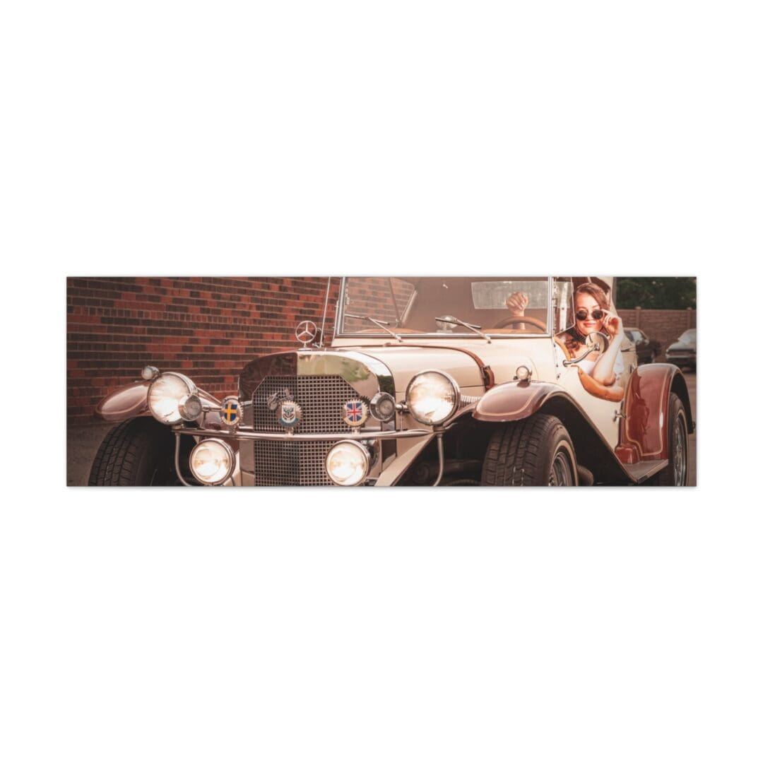 Woman posing beside a vintage car in a classic setting.