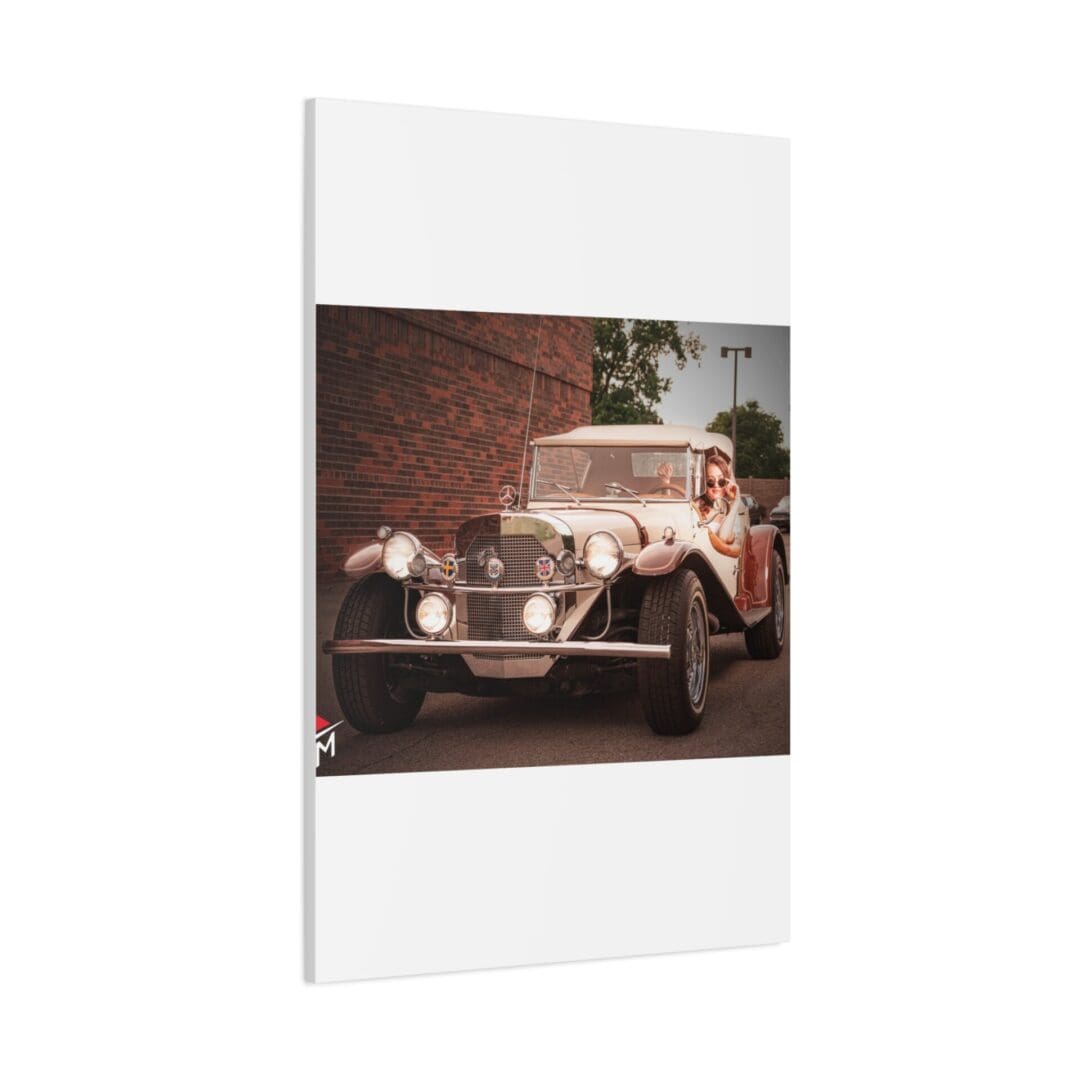 Vintage car parked near a brick wall with greenery.