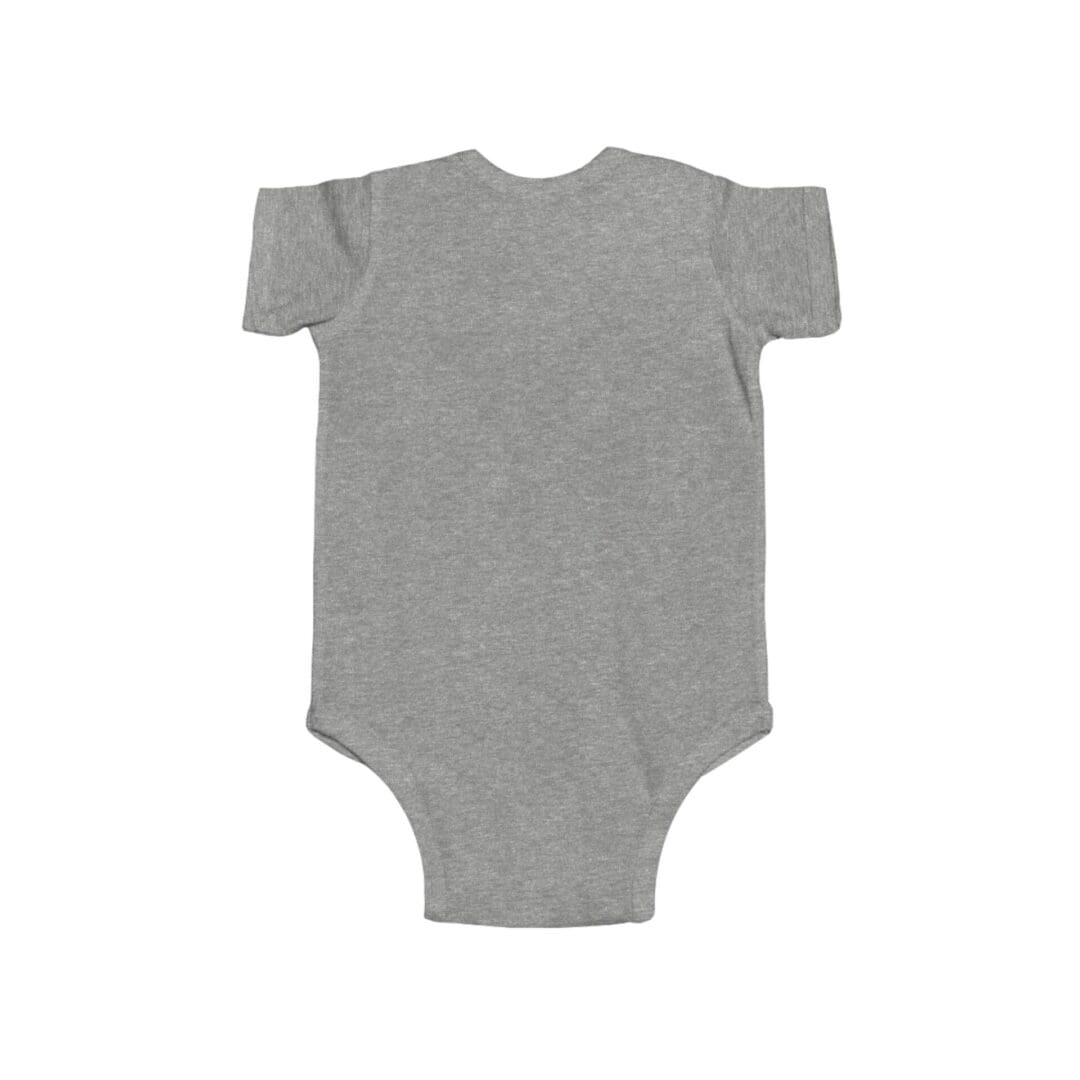 Simple gray baby onesie with short sleeves and a round neckline.
