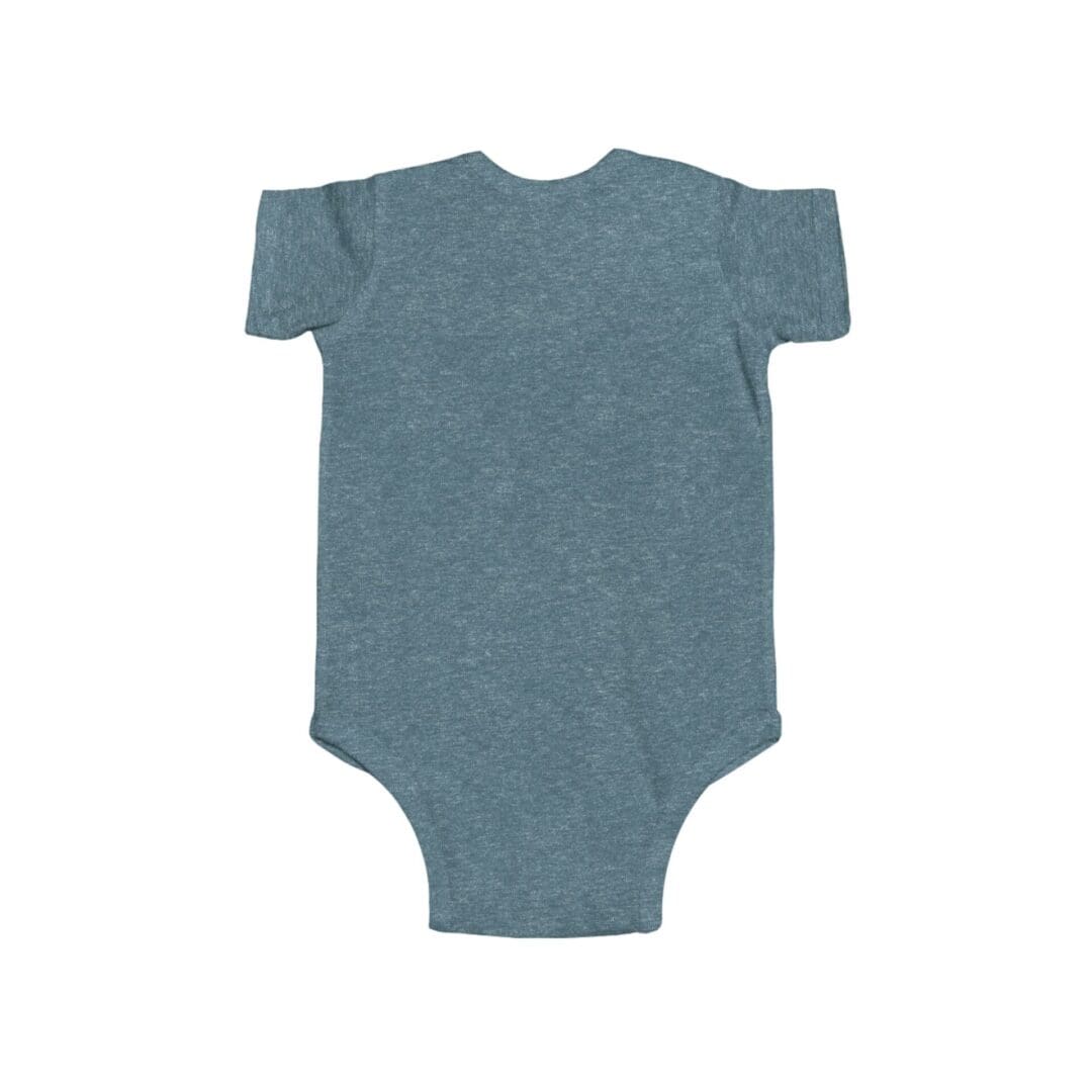 Simple blue baby onesie with short sleeves.