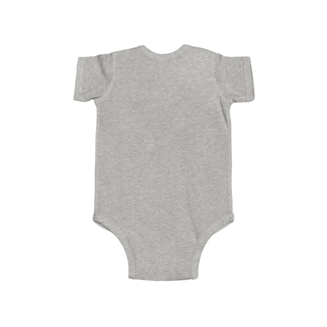 Simple gray baby onesie with short sleeves.