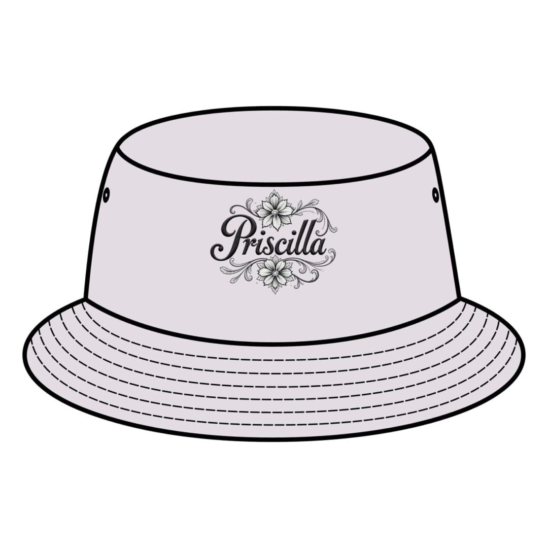 A light purple bucket hat with the word 'Priscilla' and decorative design.