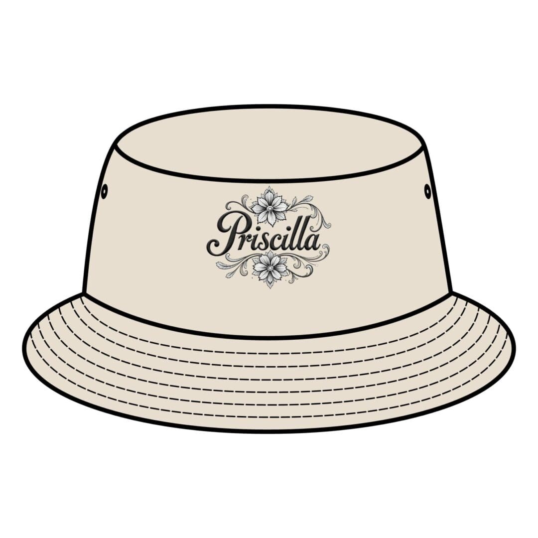 Beige bucket hat with a stylish logo on the front.