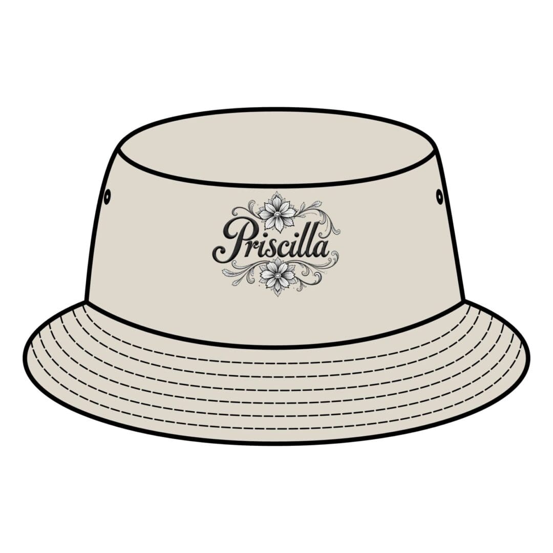 Beige bucket hat with embroidered "Priscilla" text and decorative design.