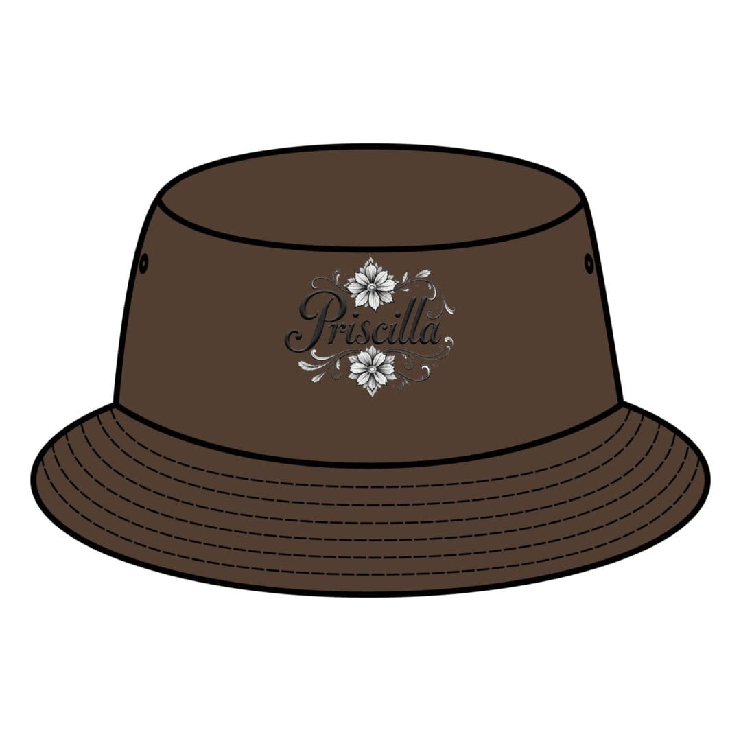 Brown bucket hat with white embroidered flowers.