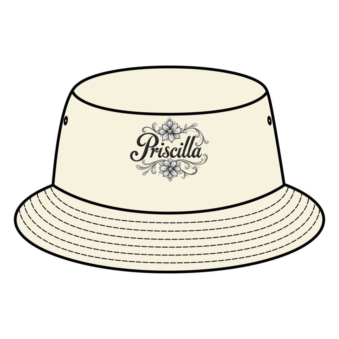 Beige bucket hat with intricate Priscilla logo design.