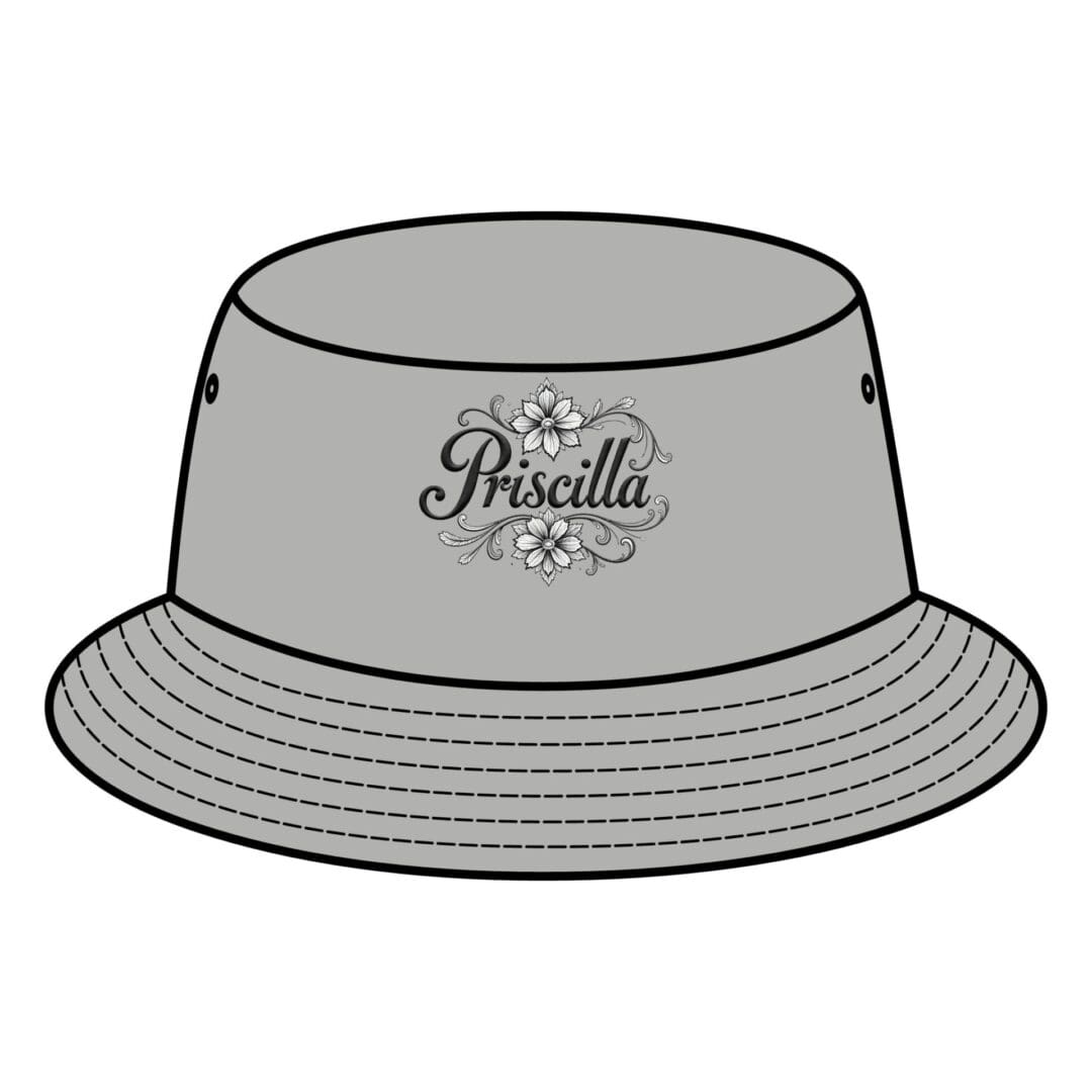 Gray bucket hat with embroidered text and design on front.