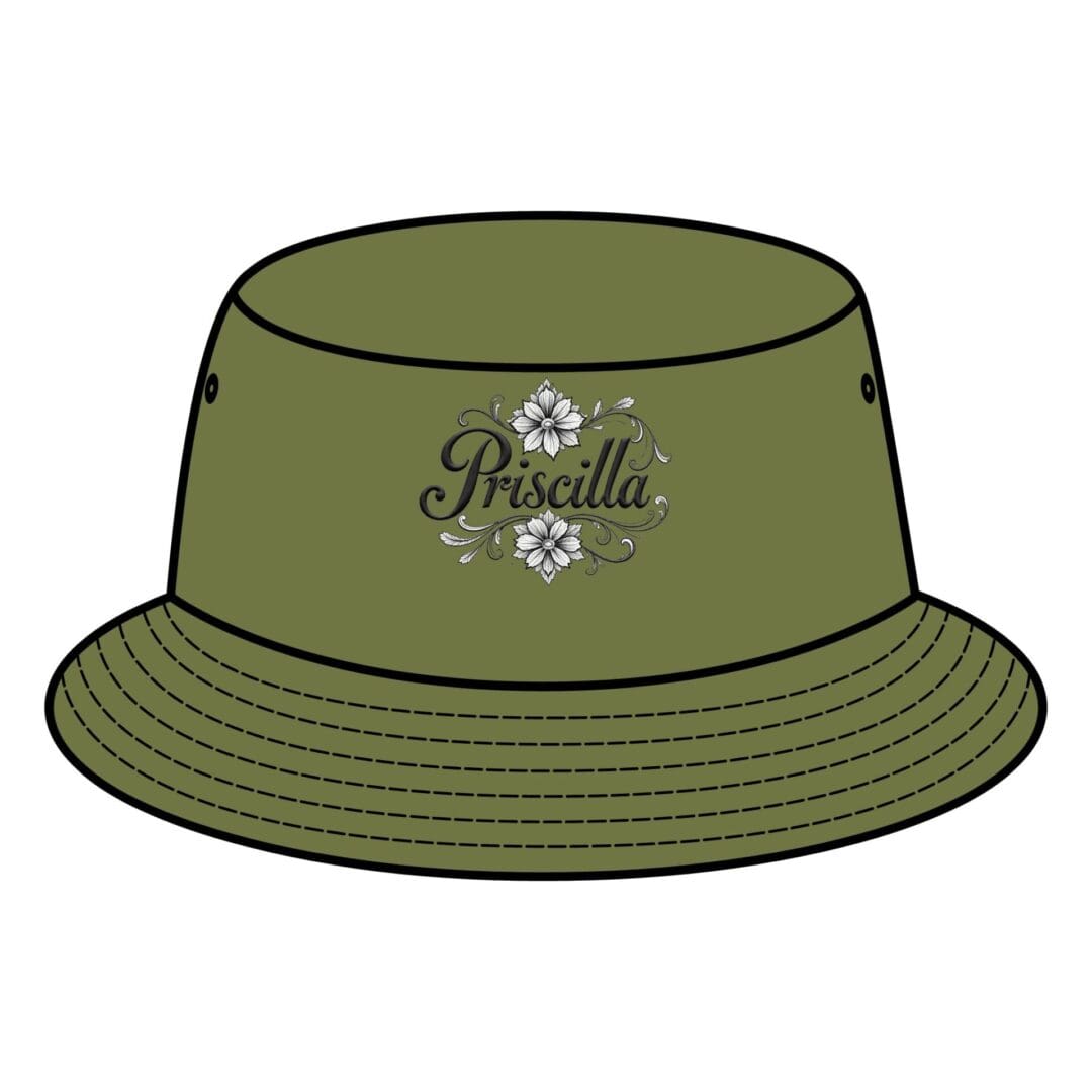 Olive green bucket hat with embroidered floral design on front.