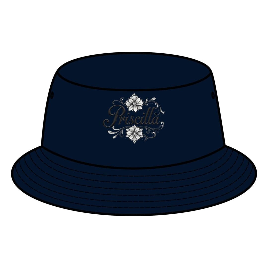 Navy blue bucket hat with a white geometric pattern on the front.