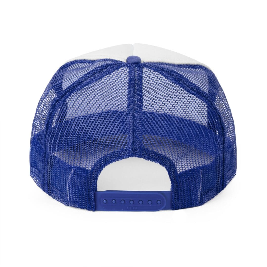 Blue mesh-back trucker cap with white front panel.