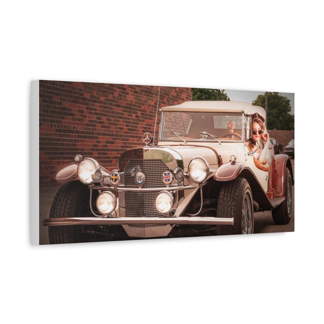 Vintage car parked in front of a brick wall with a sepia tone.