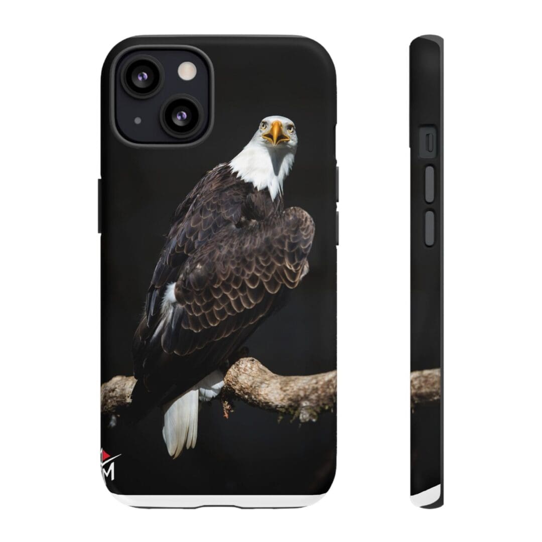 Phone case with a detailed bald eagle design perched on a branch.