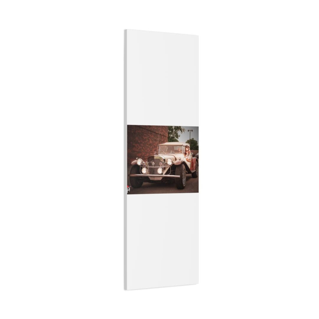 Tall white door with a small rectangular window showing a vintage-style office.
